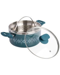 Spice By Tia Mowry Savory Saffron 5 Quart Ceramic Nonstick Aluminum Dutch Oven with Lid and Steamer in Teal
